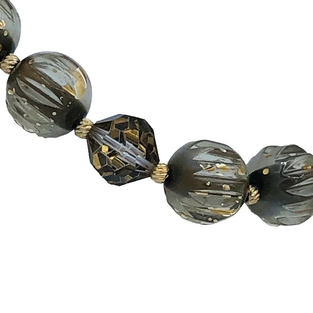 Runway Vendome Lucite Necklace Gold Fleck Art Glass Beads Clip Earrings Set